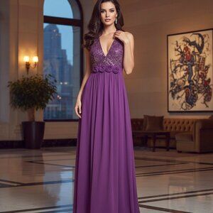 Grape plum purple rose halter maxi dress gown 10